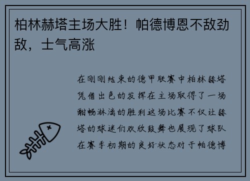 柏林赫塔主场大胜！帕德博恩不敌劲敌，士气高涨