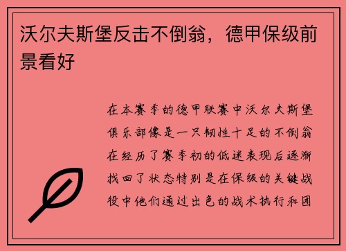 沃尔夫斯堡反击不倒翁，德甲保级前景看好